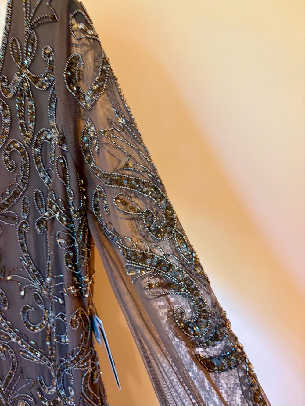 Adrianna Papell Mocha Beaded Sheer Overlay Evening Dress - Picture 7 of 12
